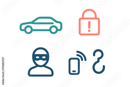 Minimalist line icons representing car security, theft, alarm, and remote monitoring