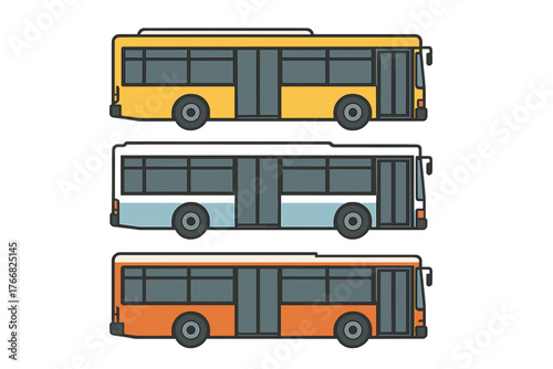 Three modern public transportation city buses in yellow, blue, and orange