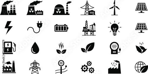 Collection of black energy and industry icons representing renewable and non renewable power sources isolated on transparent background