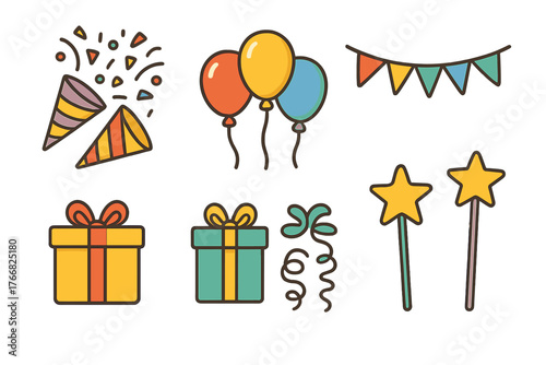 Colorful festive celebration icons set featuring gift boxes, confetti, balloons, bunting, and star wands