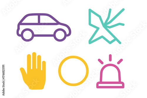 Colorful symbols illustrating road safety, car accident, warning signs, and emergency signals