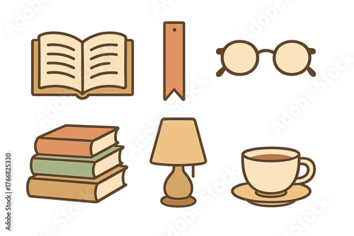 Cozy reading essentials set including open book stacked novels eyeglasses lamp and coffee cup