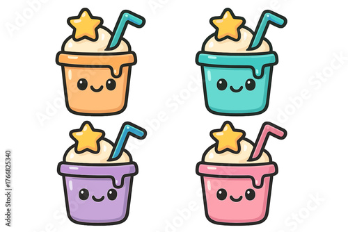 Four colorful cartoon milkshakes with whipped cream, star garnish, and smiling faces