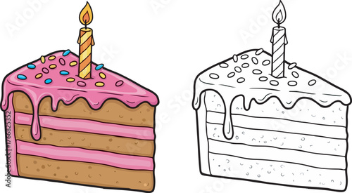 Cartoon Birthday Cake Slice with Candle and Sprinkles, Color and Black and White Outline