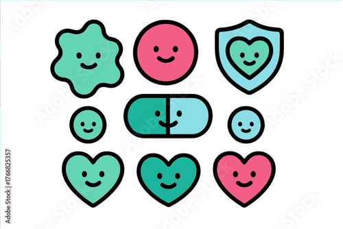 Cute collection of health and wellness icons featuring smiling hearts, pills, and protective shields