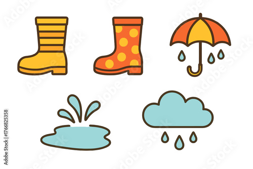 Rubber boots, open umbrella, rain cloud, and water splash weather icons set