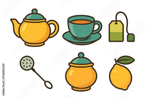 Colorful kitchen essentials collection for brewing and serving hot tea