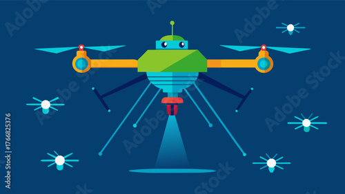 A drone equipped with a laser uses precision targeting to zap specific pests with a concentrated burst of light them instantly without the use of chemicals. This od is. Vector illustration