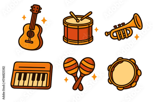 Colorful set of musical instrument icons including guitar drum trumpet and keyboard elements