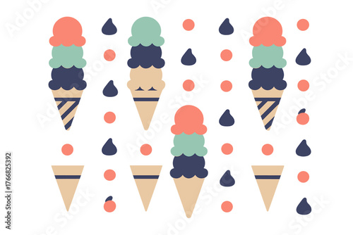 Seamless pattern of colorful triple scoop ice cream cones and abstract geometric shapes