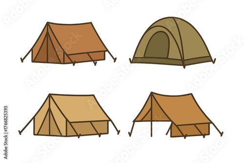 Collection of four distinct camping tents in earthy colors for hiking and outdoor recreation