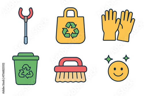 Colorful icons depicting essential cleaning tools recycling symbols and environmental responsibility