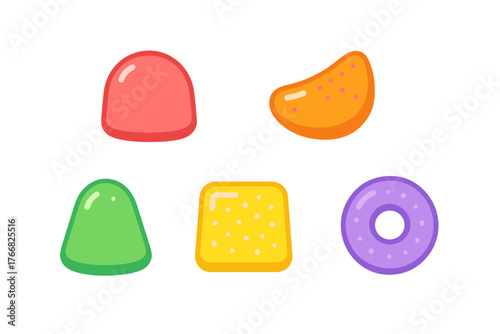 Assortment of sweet jelly candies in various shapes and bright colors isolated on white