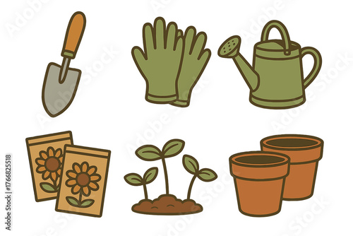 Set of essential gardening tools and supplies including trowel gloves watering can seeds and pots