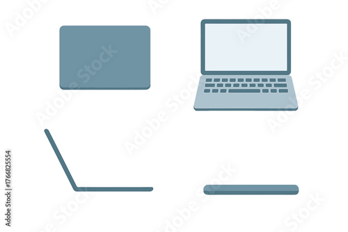 Multiple perspective views of a modern portable computer device showing open, closed, top, and side angles