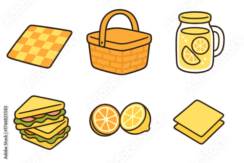 Picnic essentials set with basket, checkered blanket, lemonade, sandwiches, and citrus fruit