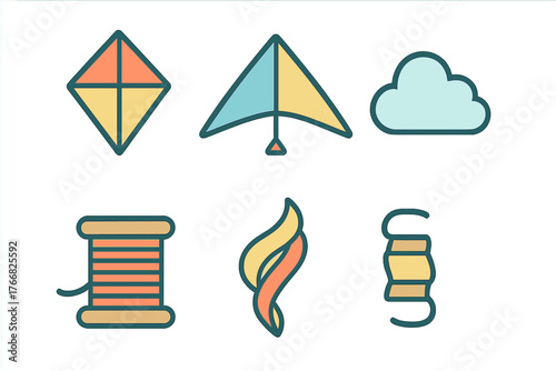 Colorful symbols representing kite flying elements and outdoor recreation activity