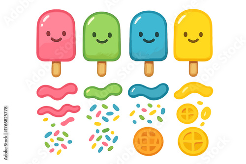 Cute smiling popsicles with colorful melting drips, sprinkles, and waffle pieces