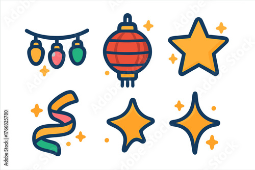 Festive celebration set featuring string lights, Chinese lantern, sparkling stars, and colorful streamer ribbon