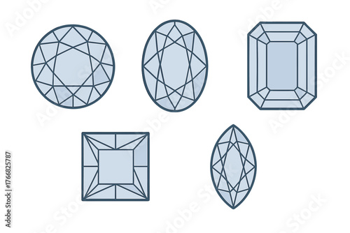 Five popular gemstone cuts including round, oval, emerald, princess, and marquise shapes