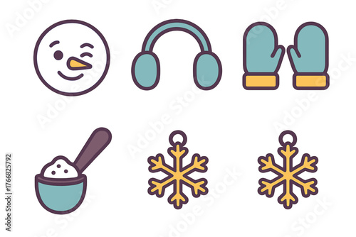 Winking snowman, warm mittens, earmuffs, and decorative snowflakes for winter holidays