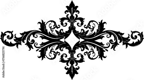 Elegant black ornamental flourish design with intricate scrolling details and a central diamond shape, perfect for luxury branding and sophisticated invitations.