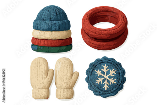 Stack of colorful knitted winter hats, red infinity scarf, beige mittens, and blue snowflake patch