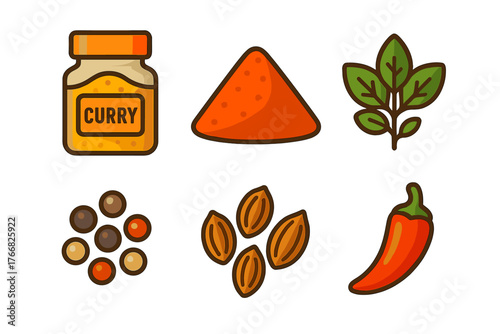 Set of kitchen seasoning spices and herbs icons including curry, chili pepper, and peppercorns
