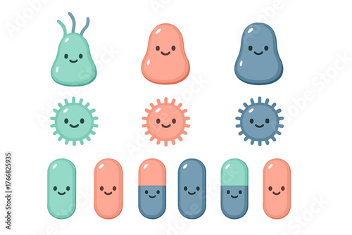 Set of friendly cartoon bacteria, viruses, and medical capsules with smiling faces