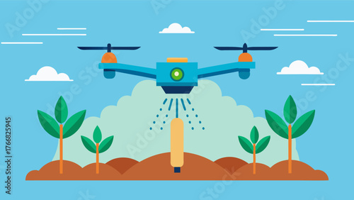 A drone being operated by a farmer eagerly watching as seeds are carefully dispersed across the field with accuracy and efficiency.. Vector illustration