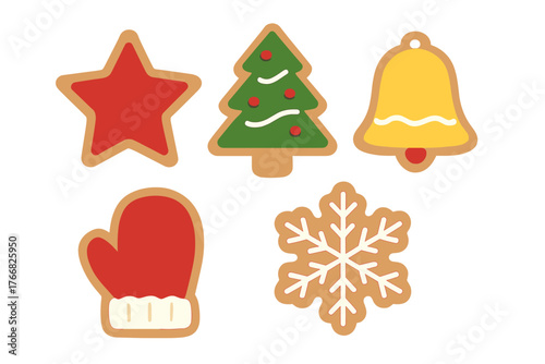 Assortment of traditional holiday gingerbread cookies including star, tree, bell, mitten, and snowflake shapes