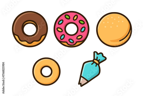 Assortment of sweet glazed donuts and bakery items with a pastry decorating tool
