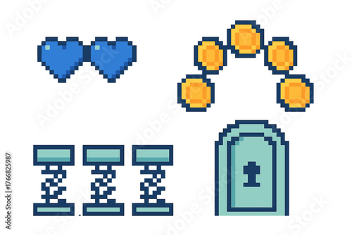 Retro pixel art game elements set featuring health hearts, gold coins, springs, and gravestone icon