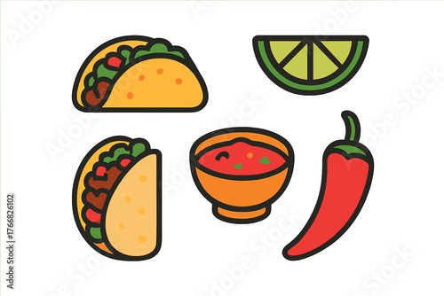 Stylized set of Mexican cuisine icons featuring tacos salsa lime and chili pepper elements