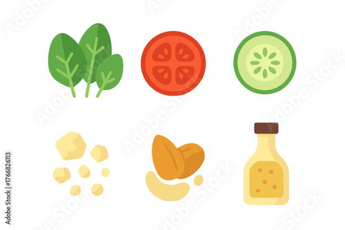 Collection of fresh salad ingredients including spinach tomato cucumber cheese nuts and dressing bottle