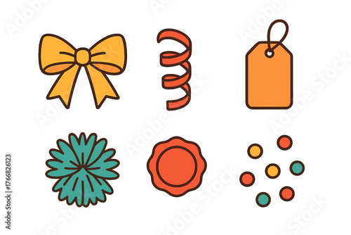 Colorful celebration and decoration elements including bow ribbon tag flower and confetti set