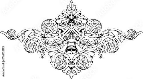 Elegant vintage ornate decorative flourish with bell and bow, perfect for holiday invitations, festive branding, or classic design projects needing a touch of charm.