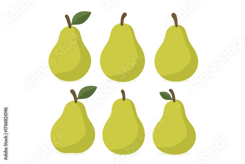 Six fresh green pears arranged neatly in two rows on a clean white background isolated