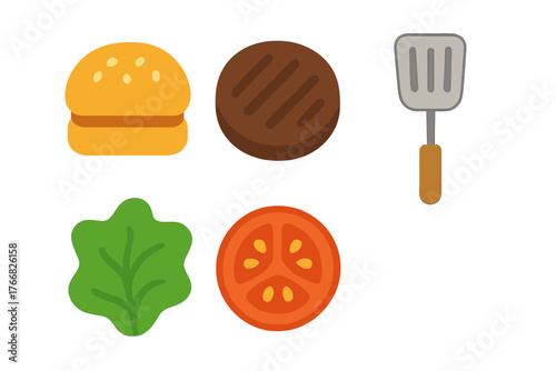 Isolated elements for assembling a burger: sesame bun, meat patty, tomato, lettuce, and spatula