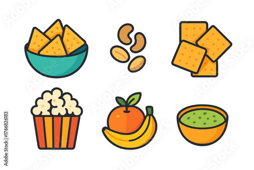 Popular snack foods including chips, nuts, crackers, popcorn, fruit, and dip served at a party