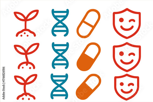 Simple abstract symbols representing health, growth, genetics, medicine, and security protection