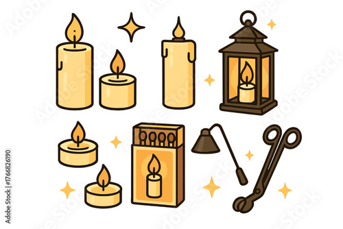 Set of burning wax candles, decorative lantern, matchbox, wick trimmer, and snuffer tools