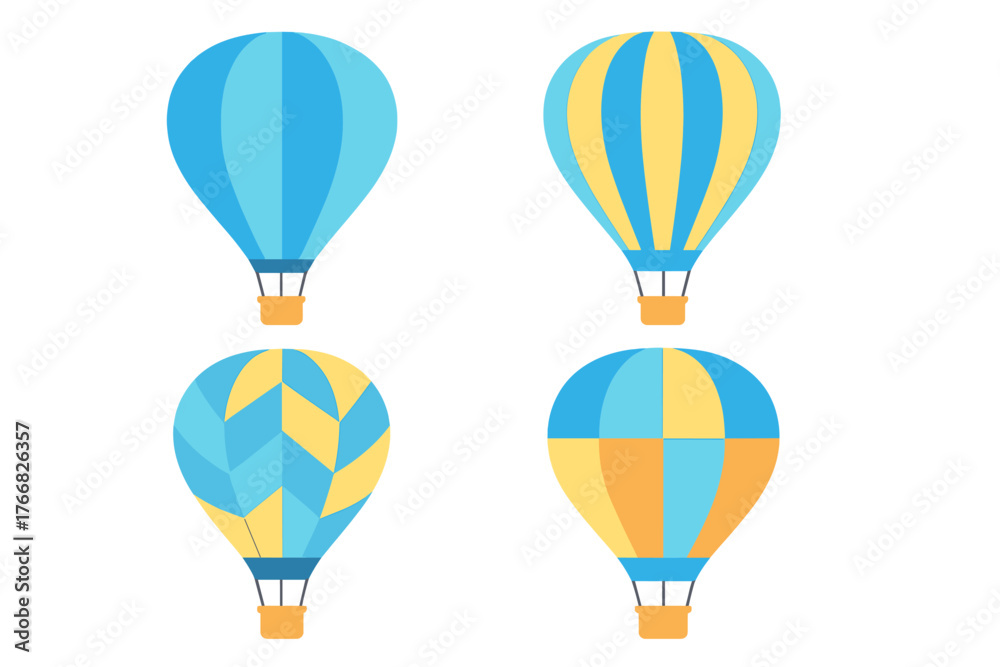 Naklejka premium Set of four colorful hot air balloons featuring diverse geometric patterns