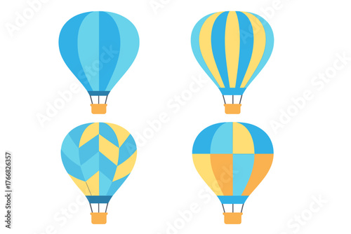 Set of four colorful hot air balloons featuring diverse geometric patterns