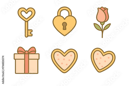 Cute romantic icons set featuring heart key padlock rose gift box and heart cookies