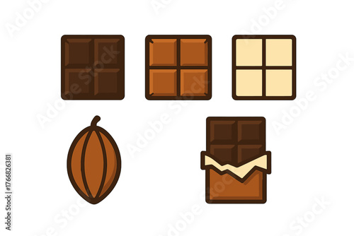 Assortment of chocolate bars featuring dark, milk, and white squares with a cocoa bean pod