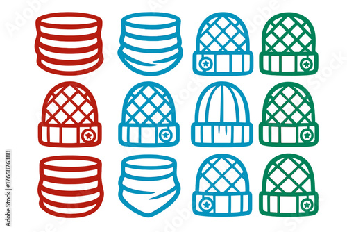 Various styles of winter hats, beanies, knit caps, and neck gaiters in red, blue, and green colors