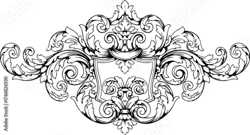 Elegant ornate crest design with intricate scrollwork and classic heraldic shield creating a sophisticated vintage decorative element