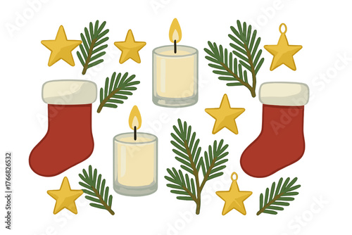 Traditional Christmas seamless pattern with red stockings, lit candles, gold stars, and fir tree sprigs