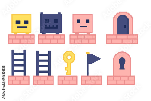 Retro style pixel art video game assets featuring cute characters, ladders, golden key, and level obstacles